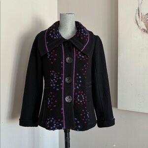 Black Wool-Blend Peacoat with Purple Accent Dots